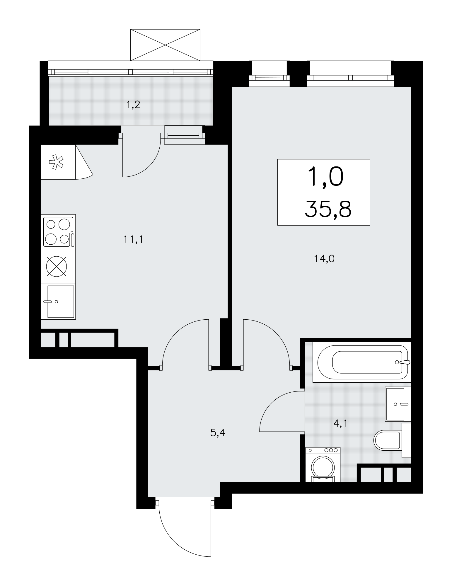 1-комнатная квартира №58К-10.1.5-1263, 35,8 м² за 13,23 млн руб. в ЖК «Прокшино» - планировка