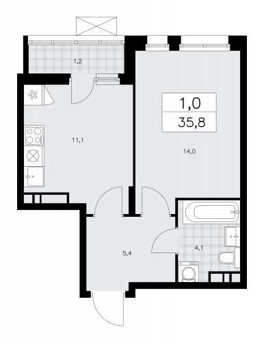 1-комнатная, 35.8 м²