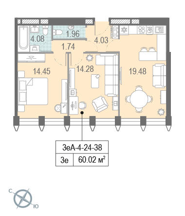 2-комнатная, квартира, 60.02 м²