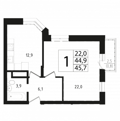 1-комнатная, квартира, 44.6 м²
