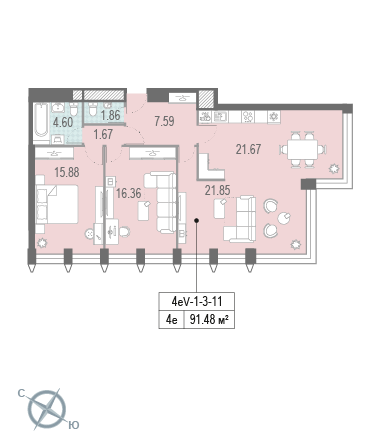 3-комнатная, квартира, 91.39 м²