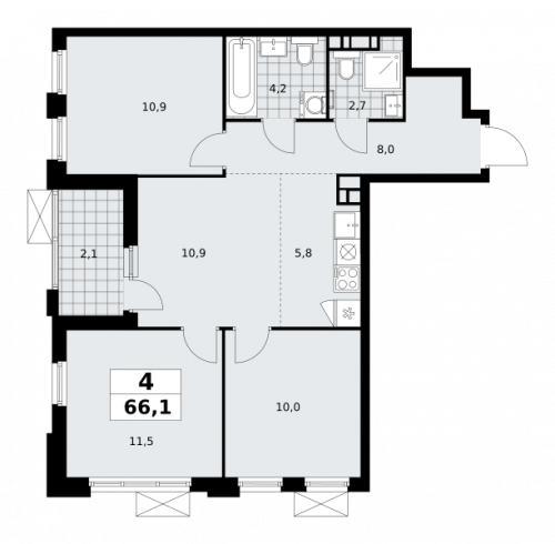Многокомнатная, 66.1 м²