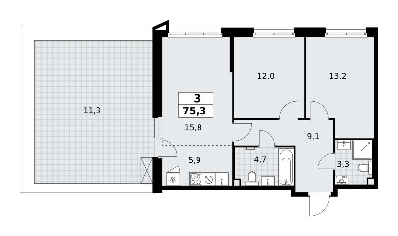 3-комнатная квартира №58К-7.1.1-2, 75,3 м² за 18,37 млн руб. в ЖК «Прокшино» - планировка