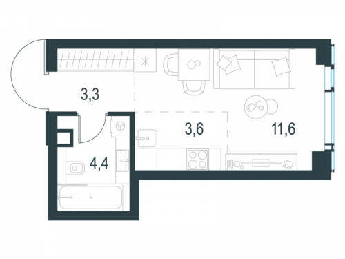 Студия, 22.9 м²