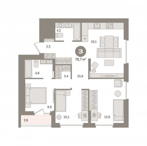 3-комнатная, квартира, 79.72 м²