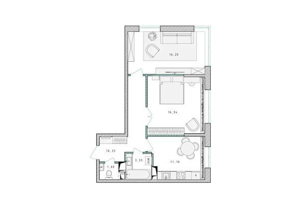 2-комнатная, квартира, 59.1 м²