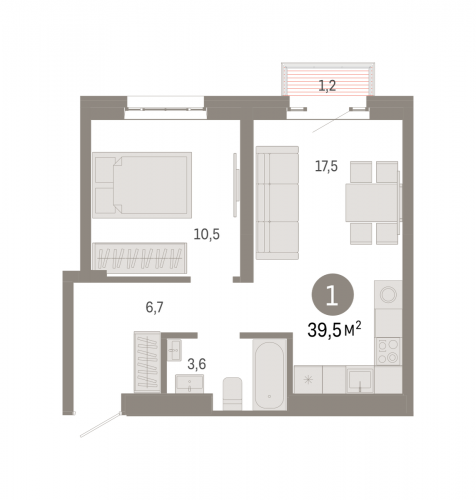 1-комнатная, квартира, 39.5 м²