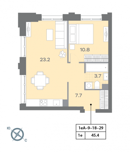 1-комнатная, квартира, 45.2 м²