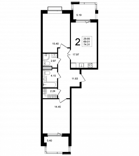 2-комнатная, квартира, 74.31 м²