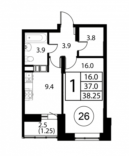 1-комнатная, квартира, 38.25 м²