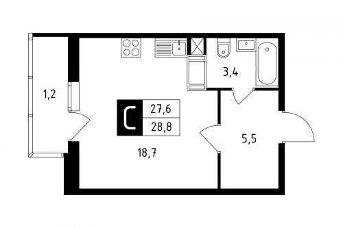 Студия, 28.8 м²