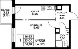 1-комнатная квартира 34,18 м²