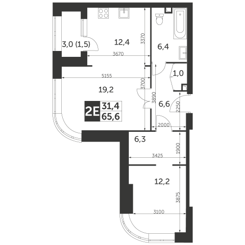 2-комнатная, квартира, 65.6 м²