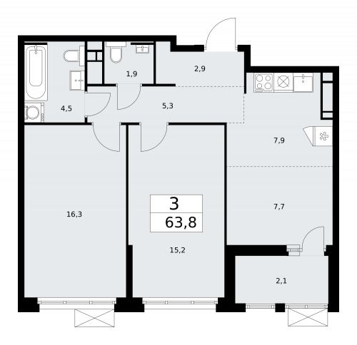 3-комнатная, 63.8 м²