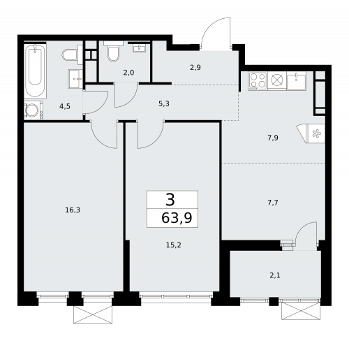 3-комнатная, 63.9 м²