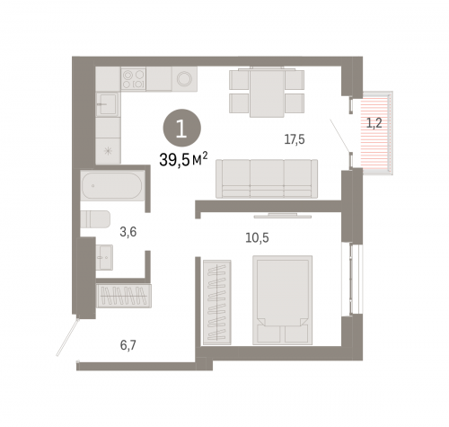 1-комнатная, квартира, 39.5 м²