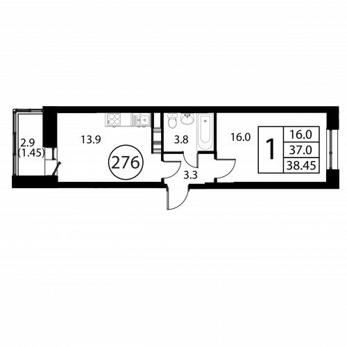 1-комнатная, квартира, 38.45 м²