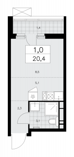 1-комнатная, 20.4 м²