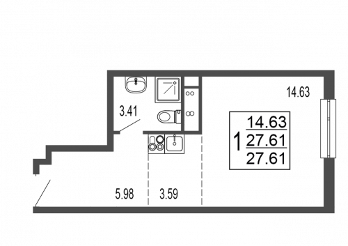Студия, 28.2 м²