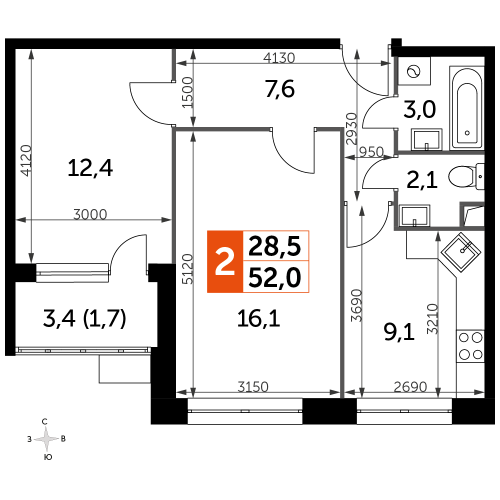 2-комнатная, 52 м²