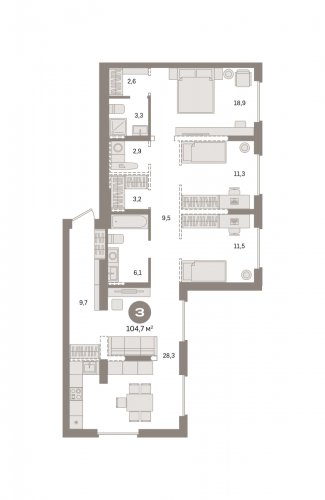 3-комнатная, квартира, 104.67 м²