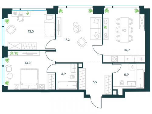 3-комнатная, квартира, 76.1 м²