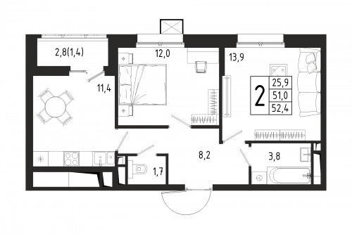 2-комнатная, квартира, 52.4 м²