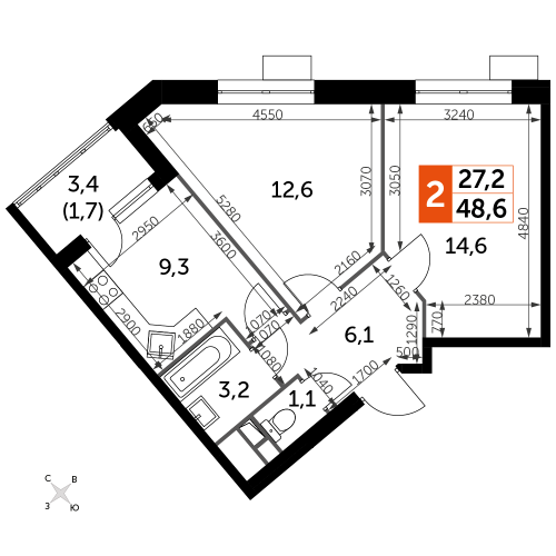 2-комнатная, 48.6 м²