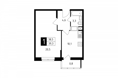 1-комнатная, квартира, 39.3 м²