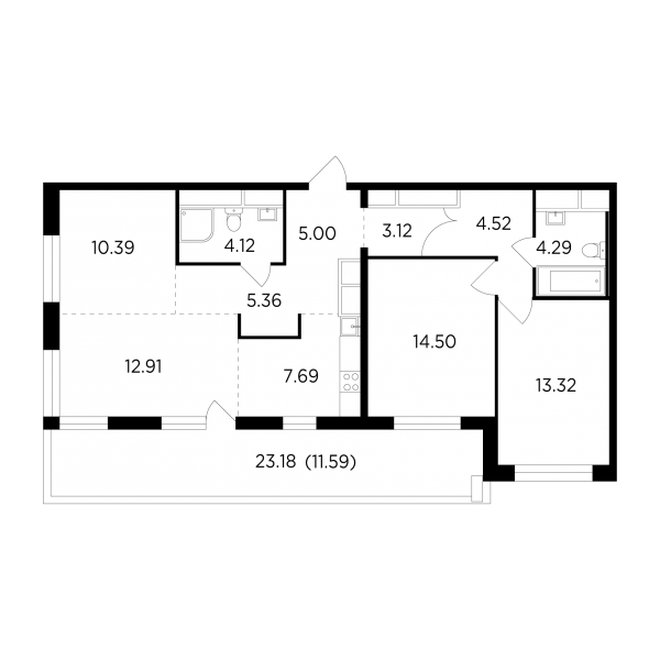 4-комнатная квартира №229, 96,8 м² за 24,20 млн руб. в ЖК «Одинград»: кварталы «Лесной» и «Центральный» - планировка
