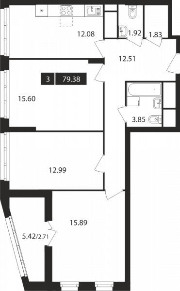 3-комнатная, квартира, 79.38 м²