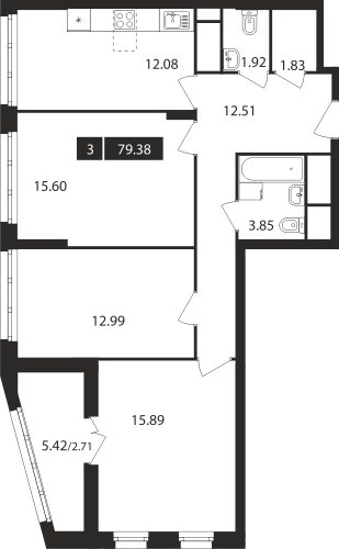 3-комнатная, квартира, 79.38 м²