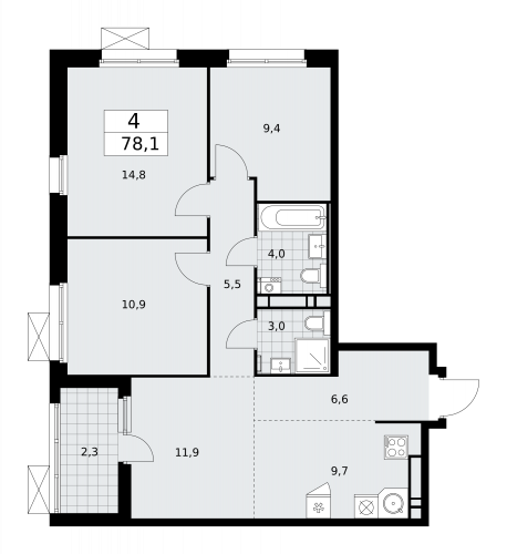 Многокомнатная, 78.1 м²