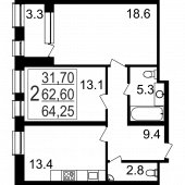 2-комнатная квартира 64,25 м²