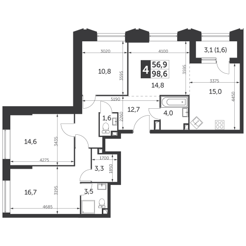 Многокомнатная, квартира, 98.6 м²