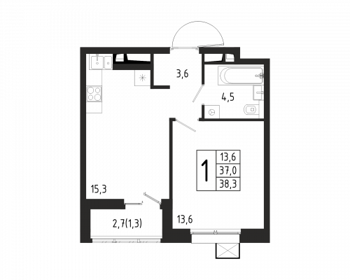 1-комнатная, квартира, 38.3 м²