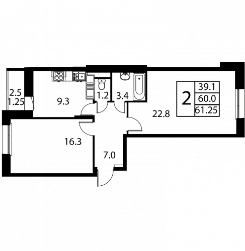 2-комнатная, квартира, 61.25 м²