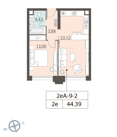 1-комнатная, квартира, 43.01 м²