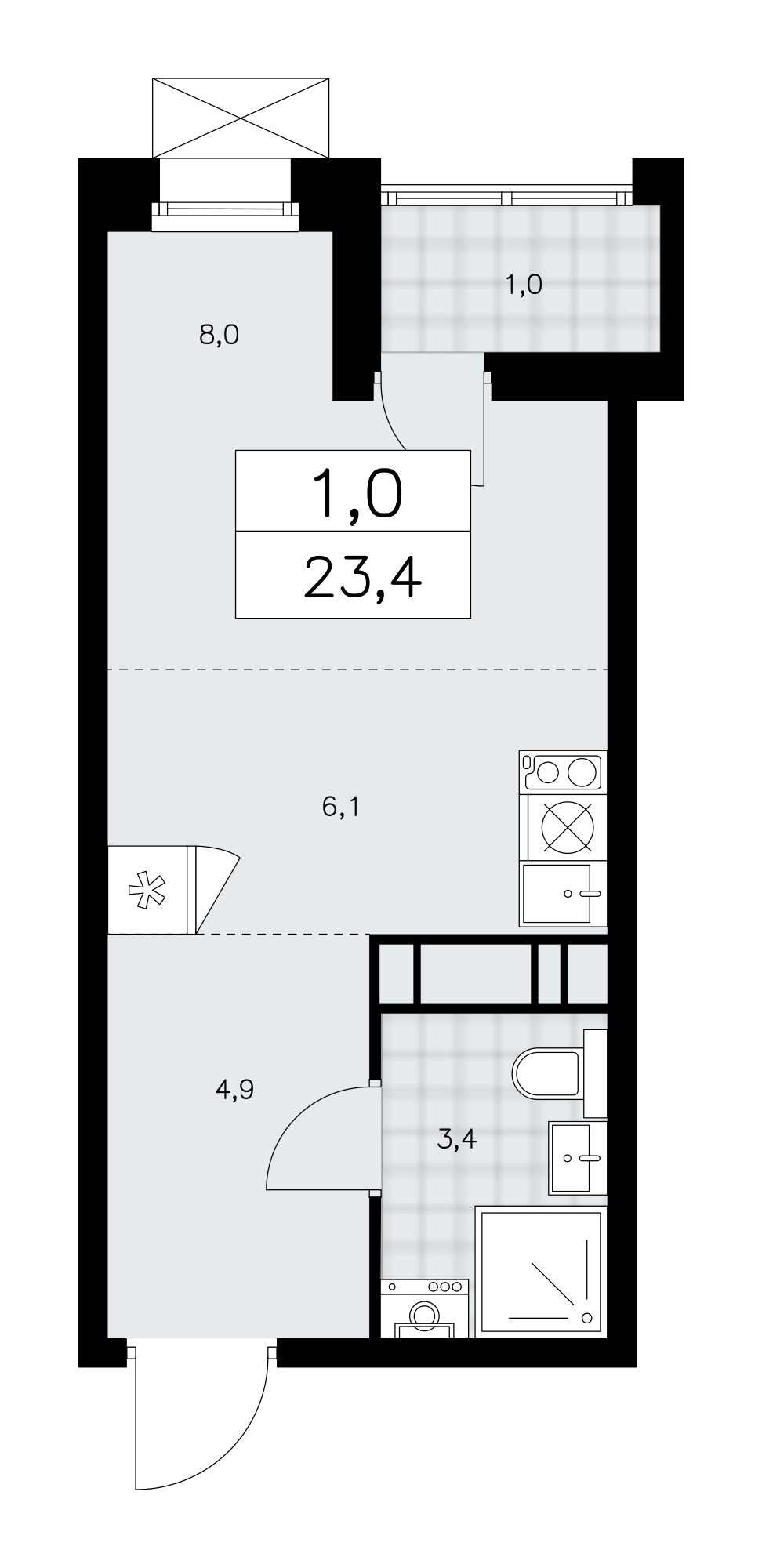 1-комнатная квартира №58К-10.1.6-1361, 23,4 м² за 9,20 млн руб. в ЖК «Прокшино» - планировка