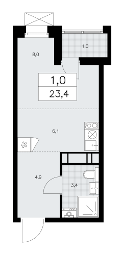 1-комнатная, 23.4 м²