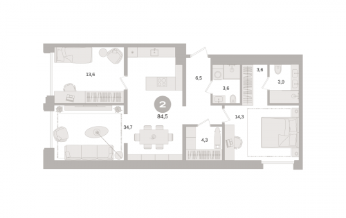 2-комнатная, квартира, 84.5 м²