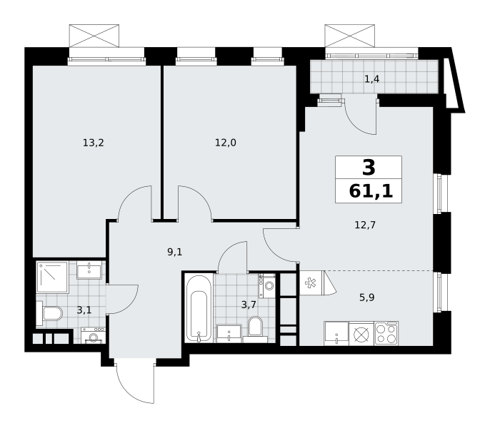 3-комнатная квартира №58К-7.1.1-172, 61,1 м² за 16,58 млн руб. в ЖК «Прокшино» - планировка