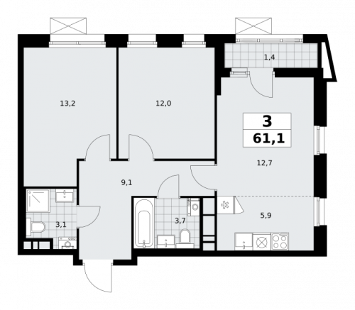 3-комнатная, 61.1 м²
