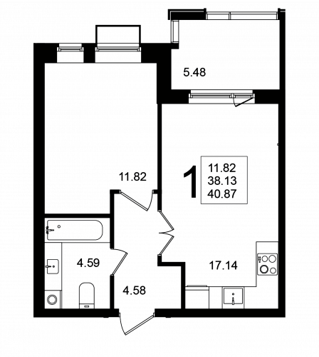 1-комнатная, квартира, 40.87 м²