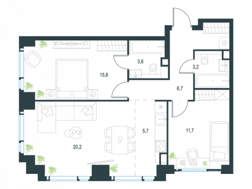3-комнатная, 68.9 м²