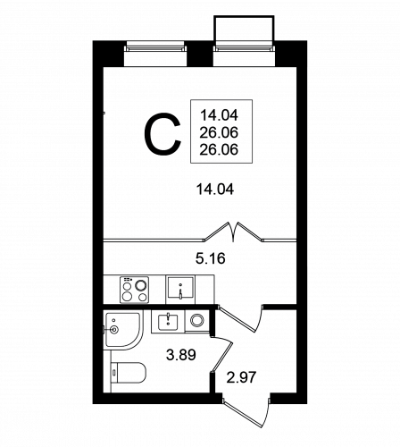 Студия, 26.06 м²