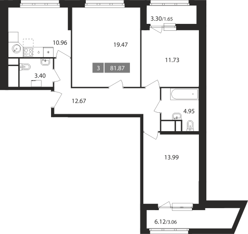3-комнатная, квартира, 81.87 м²