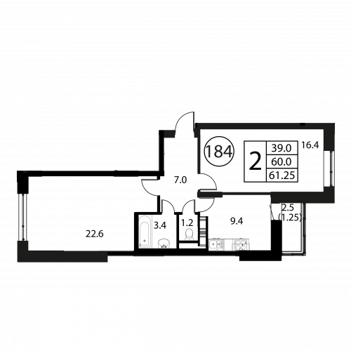 2-комнатная, квартира, 61.25 м²