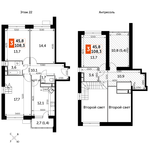 3-комнатная, 108.3 м²