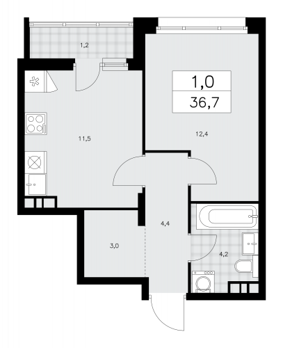 1-комнатная, 36.7 м²